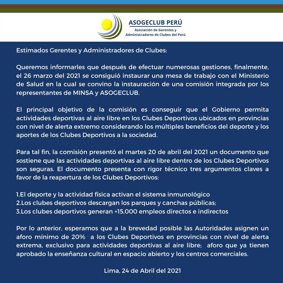 Comunicado sobre la mesa de trabajo entre el Ministerio de Salud y ASOGECLUB